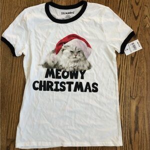 Stranded Meowy Christmas Cat Tee - White, Red, Black Size Med